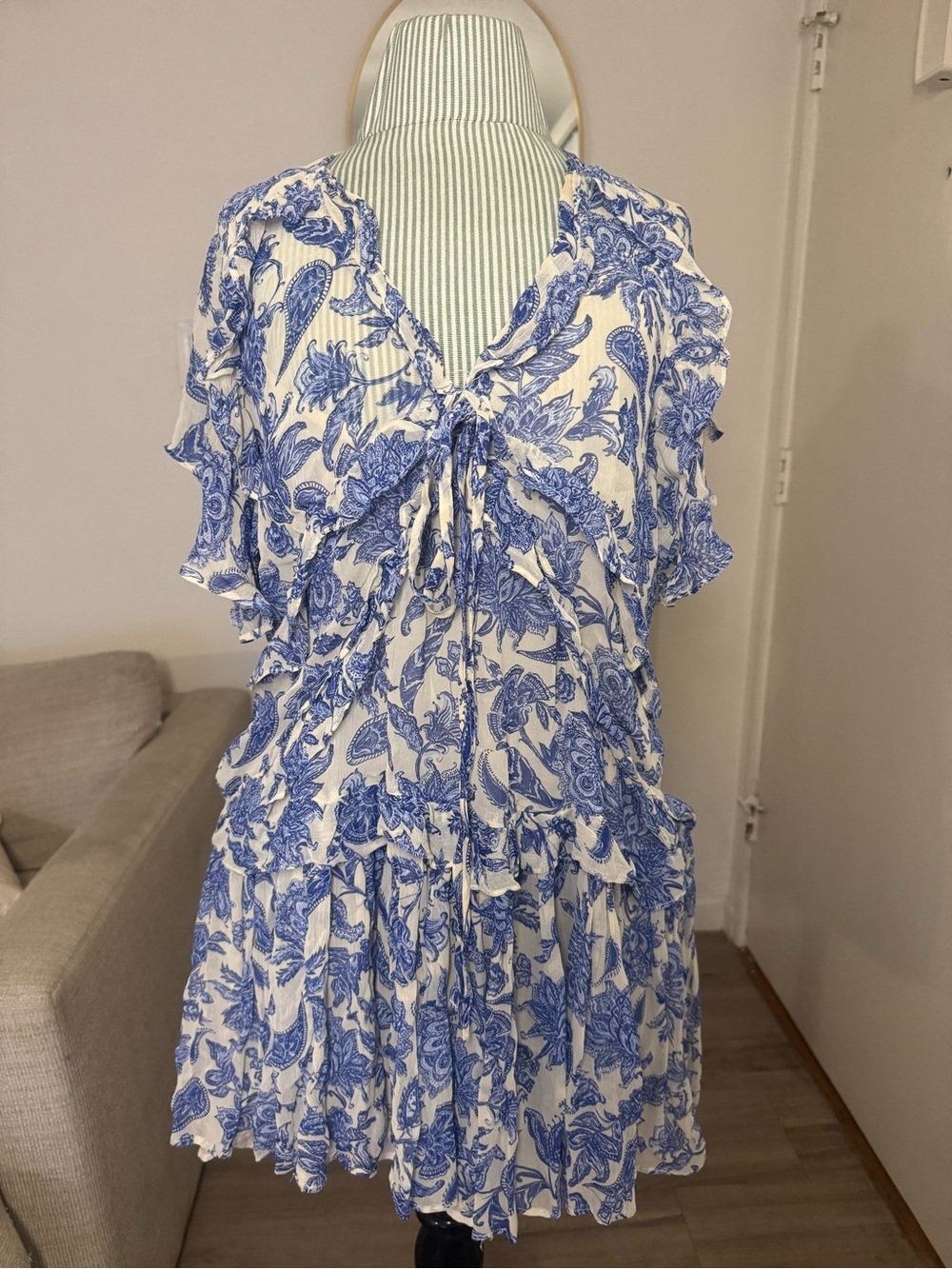 Anthropologie Blue and White Floral Ruffle Mini Dress